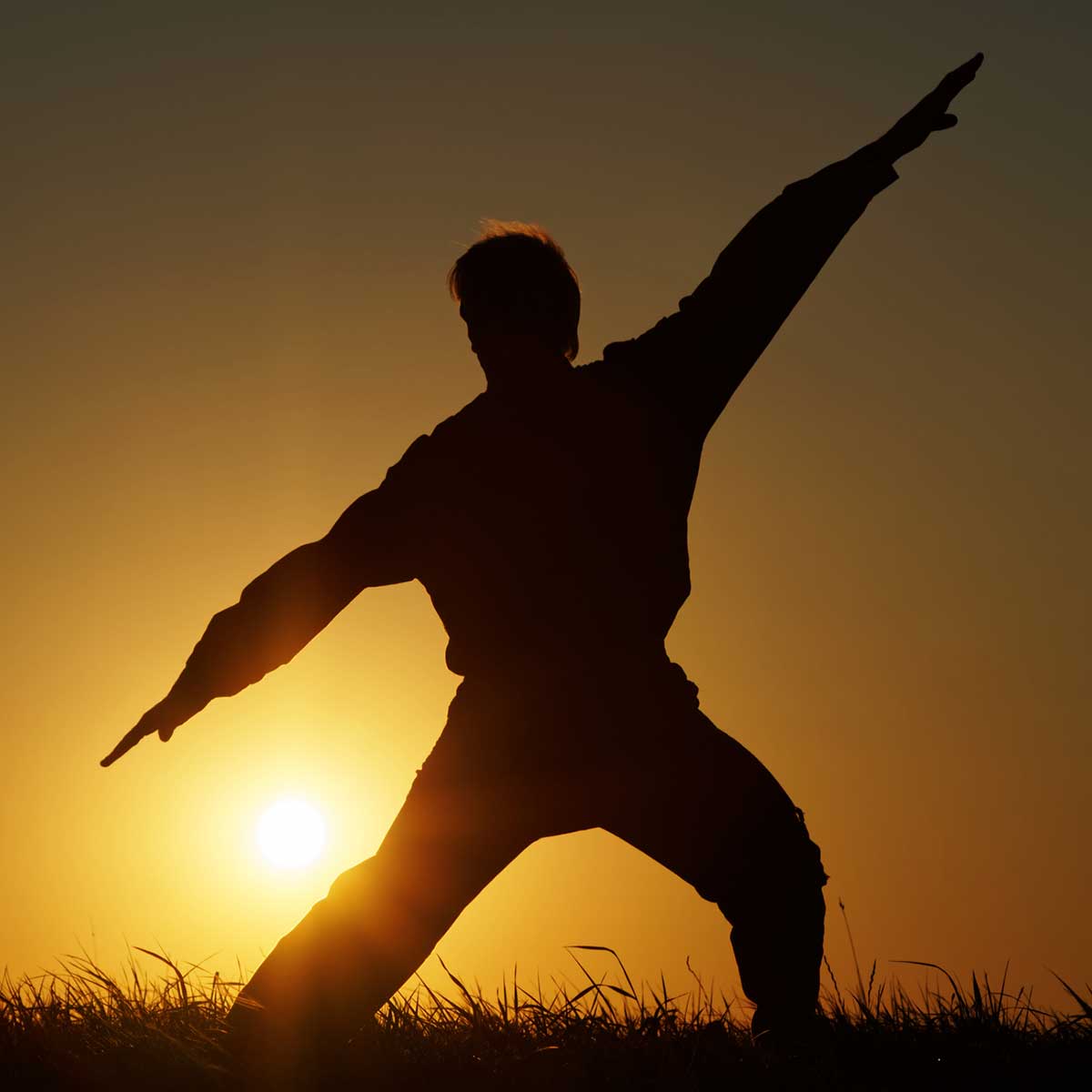 A person holding a pose while silhouetted by the setting sun.